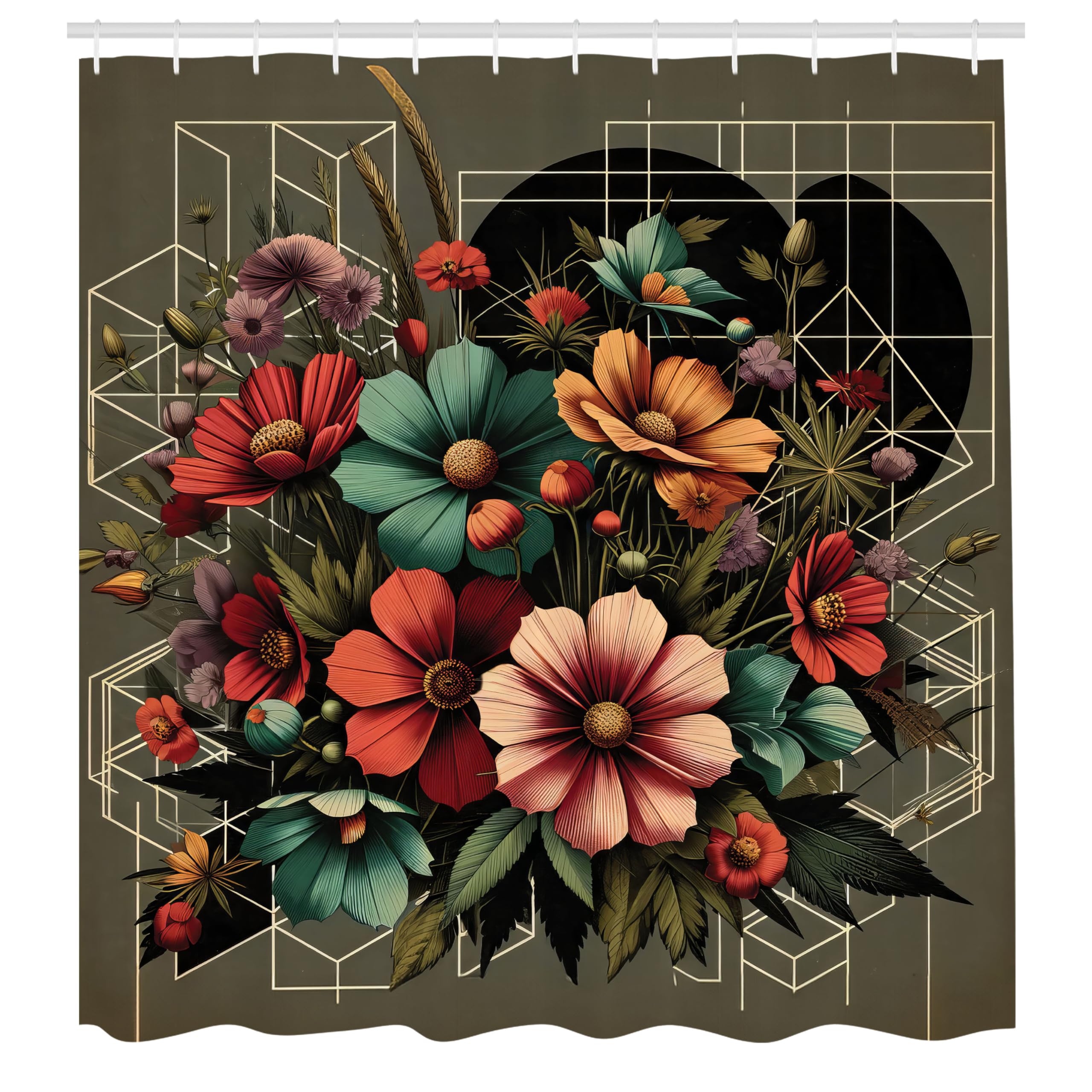 Ambesonne Floral Shower Curtain, Futurist Composition Of Geometric Lines Shapes And Flower Bouquet Art, Cloth Fabric Bathroom De